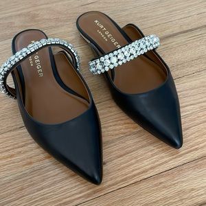 Kurt Geiger Black Leather Rhinestone Strap mules size 37…missing one rhinestone